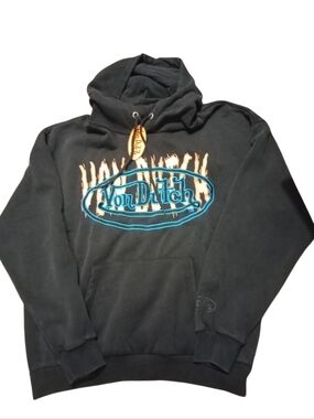 Von Dutch Black Hoodie with Blue Logo and Orange Flame, Size M, NWT